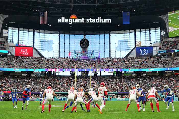 Players line up in formation during the AFC vs. NFC Pro Bowl game at Allegiant Stadium